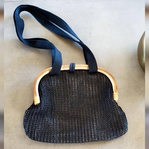 Vintage 1950's Black Woven Rafia Overlay Bamboo Frame Shoulder Bag, EUC - Picture 4 of 15